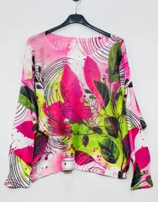 Italian Fuchsia Leaves Round Knit Printed Sweater