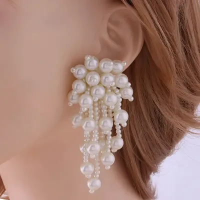Handmade Faux Pearl Waterfall Statement Earrings