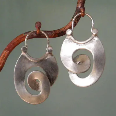 Silver Plated Vintage Spiral Pendant Hoop Earrings 