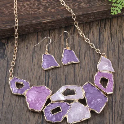 Gold/Shades of Purple Epoxy Multi Shape Necklace Set