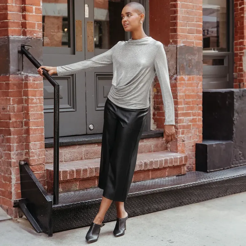 Silver Glimmer Lamé Side Draped Boat Neck Top