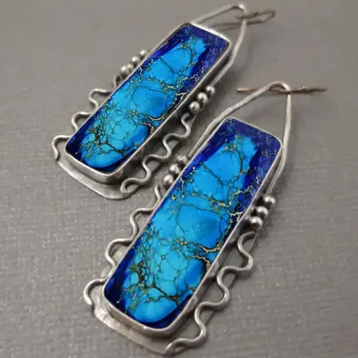 Geometric Blue Dangle Water Stone Earrings