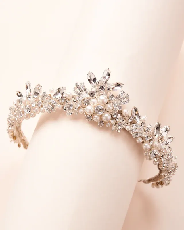 Gold Floral Crystal/Pearl Grandeur Elegant Crown Gold Floral Crystal/Pearl Grandeur Elegant Crown