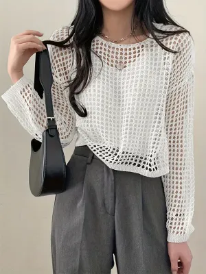 White Open Crochet Relaxed Fit Top