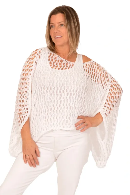 Italian White Open Knit Flowing Poncho Italian White Open Knit Flowing Poncho
