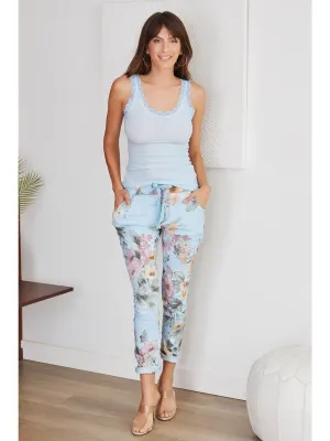 Italian Blue Garden Floral Print Crinkle Joggers