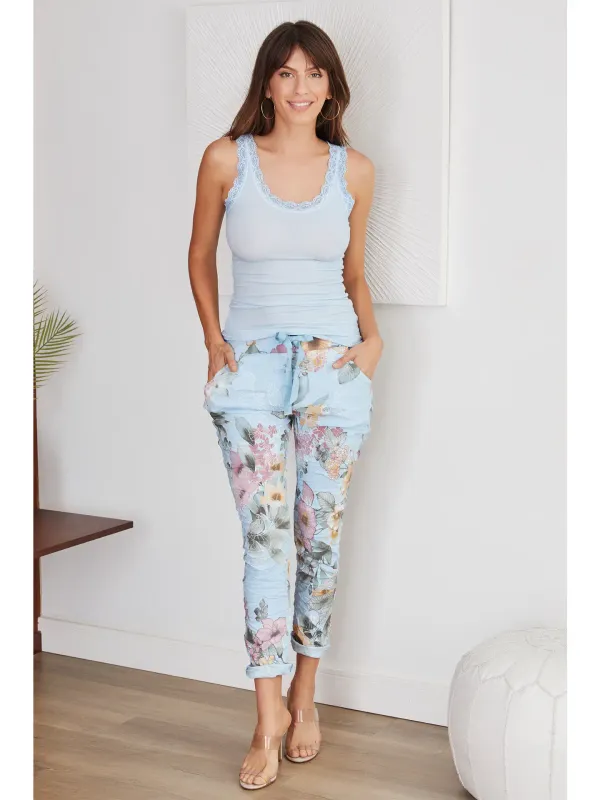 Italian Blue Garden Floral Print Crinkle Joggers