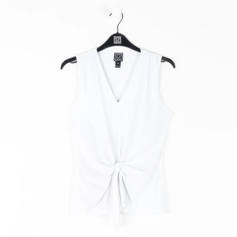 White Sleeveless V-Neck Center Front Tie Top
