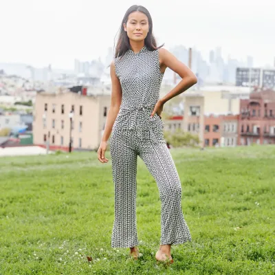 Greek Key Sleeveless Center Front Tie Top