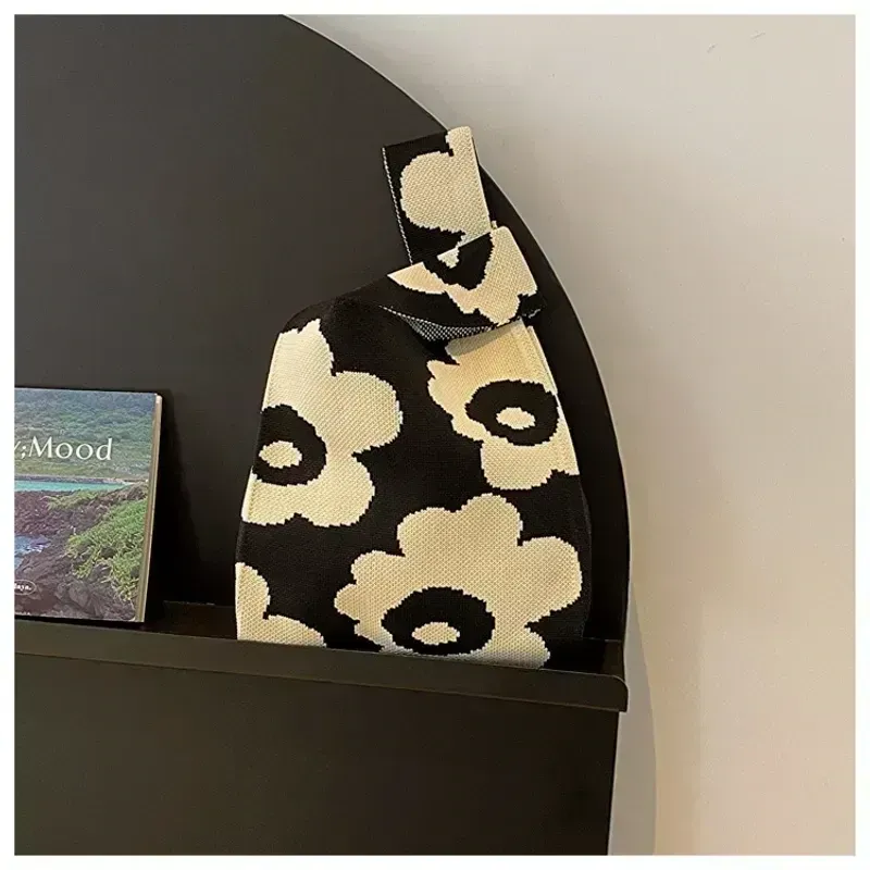 Small Black Knit Cream Flower Handbag Small Black Knit Cream Flower Handbag