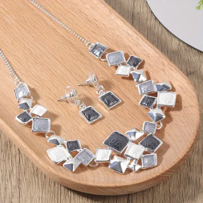 Silver/Grey/White Enamel Multi Shaped Necklace Set Silver/Grey/White Enamel Multi Shaped Necklace Set