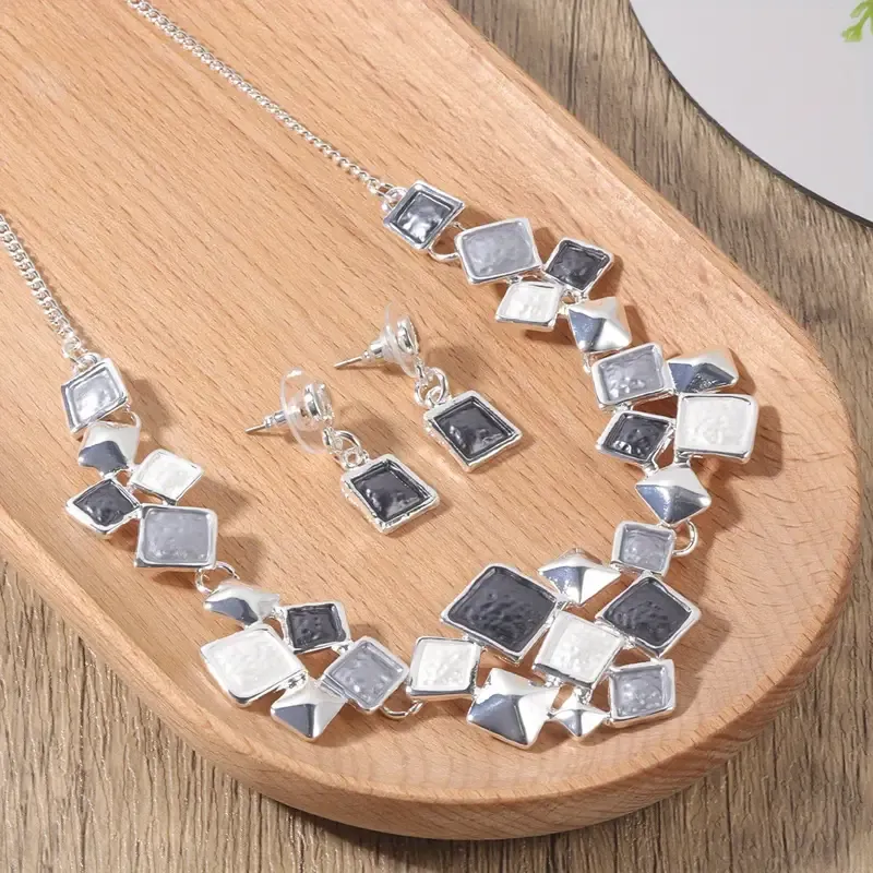 Silver/Grey/White Enamel Multi Shaped Necklace Set