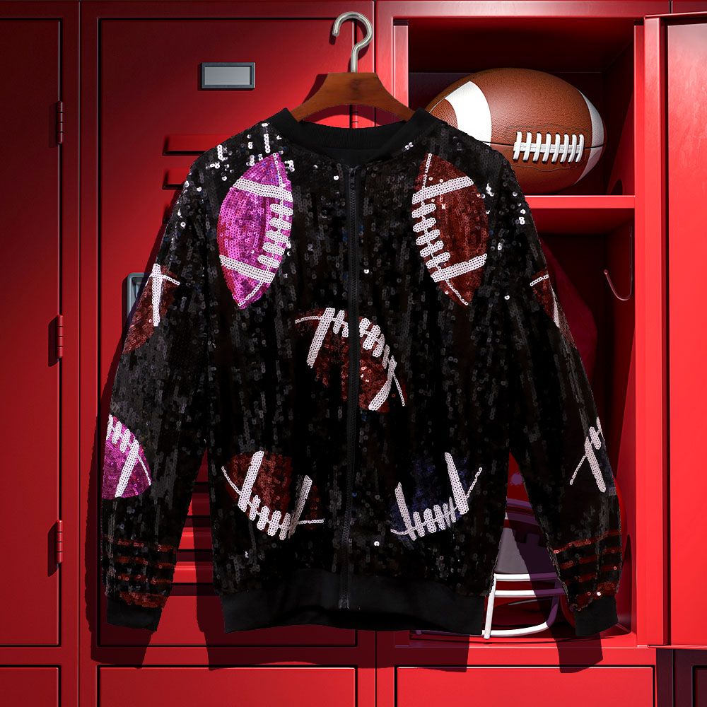 Multi Colored Football/Black Sequin Long Sleeves Bomber Jacket