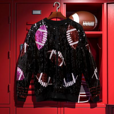 Multi Colored Football/Black Sequin Long Sleeves Bomber Jacket