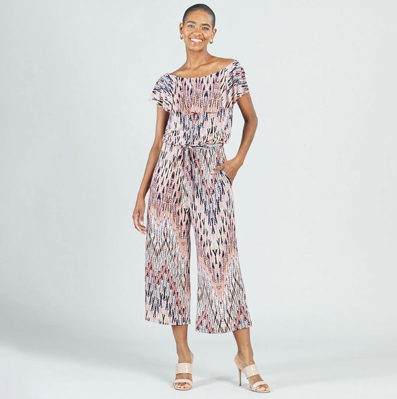 Black/Coral Ruffle Off Shoulder Pocket Jumpsuit