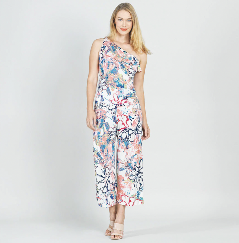 Floral Ribbon One Shoulder Ruffle Neckline Top