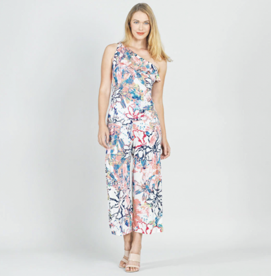 Floral Ribbon One Shoulder Ruffle Neckline Top