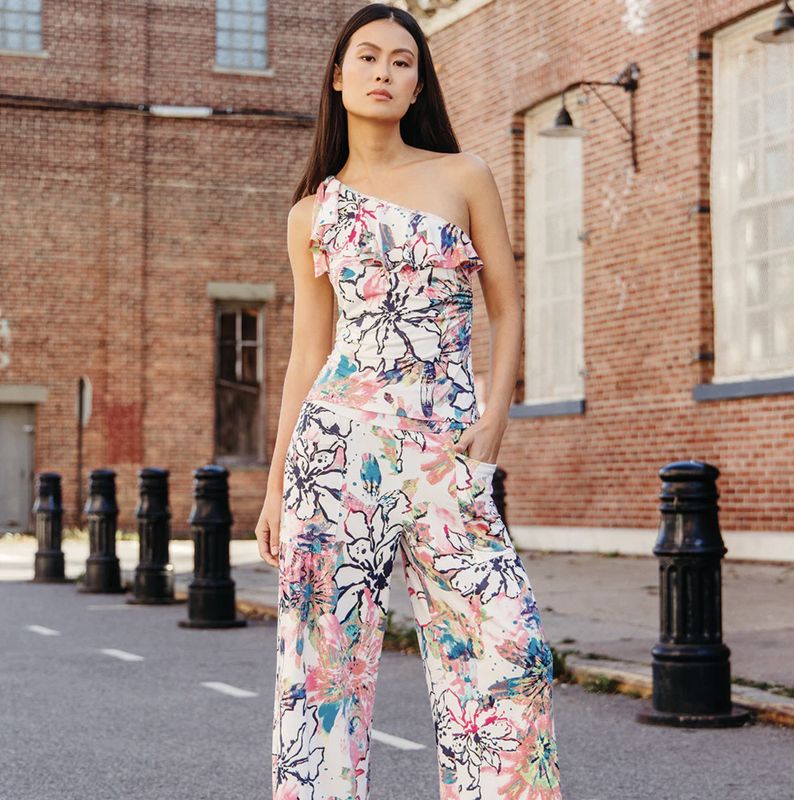 Floral Ribbon One Shoulder Ruffle Neckline Top Floral Ribbon One Shoulder Ruffle Neckline Top