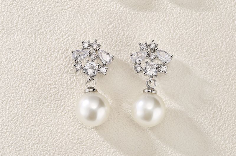Multi Shape CZ Cluster Pearl Drop Formal Earring Multi Shape CZ Cluster Pearl Drop Formal Earring