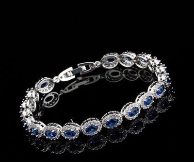 Delicate Oval Navy CZ/Clear Halo Surround Formal Bracelet 