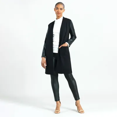 Ponte Knit - Liquid Leather Sleeve Pocket Cardigan Ponte Knit - Liquid Leather Sleeve Pocket Cardigan
