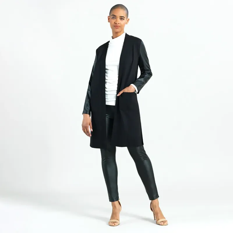 Ponte Knit - Liquid Leather Sleeve Pocket Cardigan Ponte Knit - Liquid Leather Sleeve Pocket Cardigan