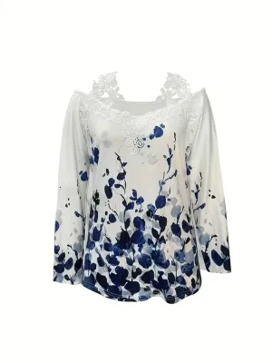 White Lace Open Shoulder Detail/ Navy Floral Print