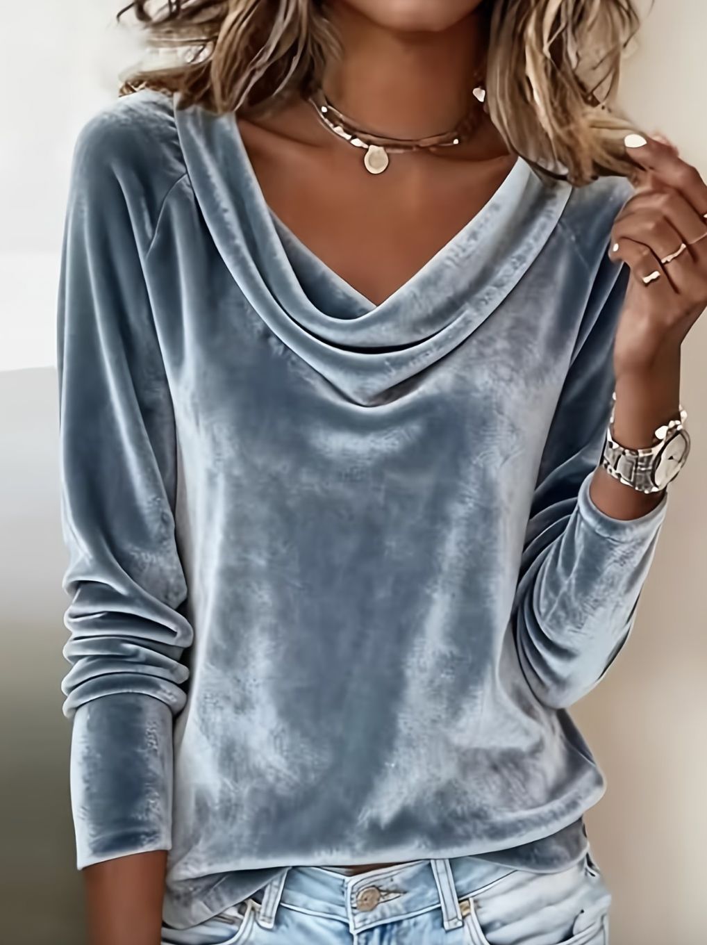 Silvery Blue Grey Soft Velvet Drape Neck Top Silvery Blue Grey Soft Velvet Drape Neck Top