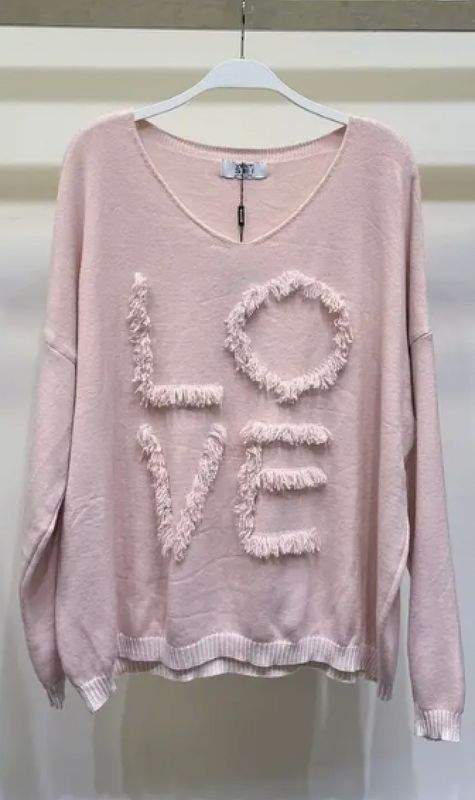 V-Neck Long Sleeve Fringe Fuzzy Love Light Sweater