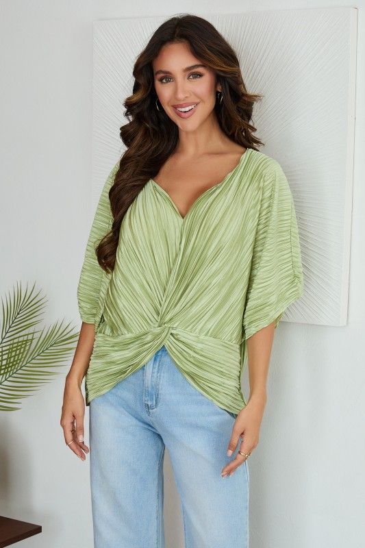 Italian Made Lime Pleated Twist Front Draped V Top