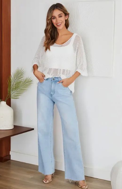 Italian Made 3/4 Sleeve White Crochet Top