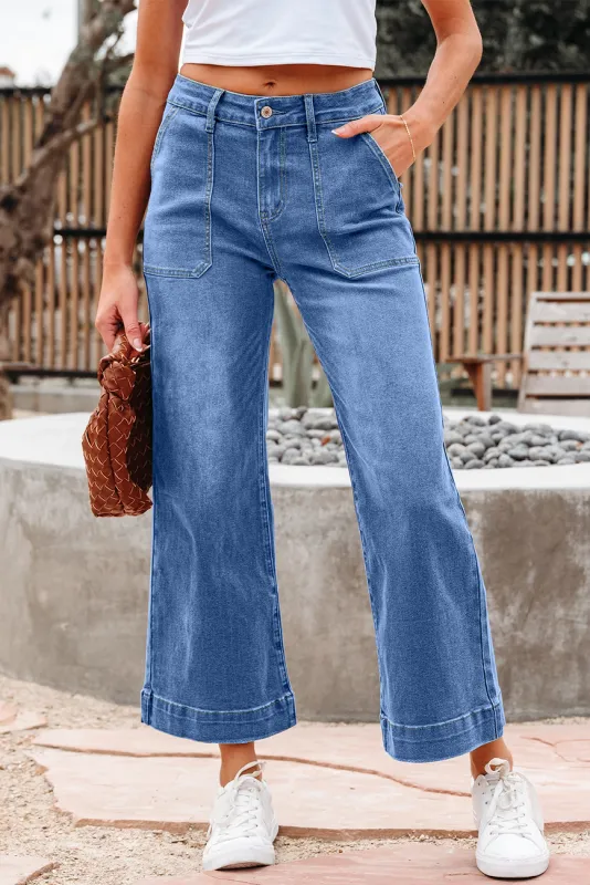 Sky Blue Cropped High Rise Wide Leg Jeans