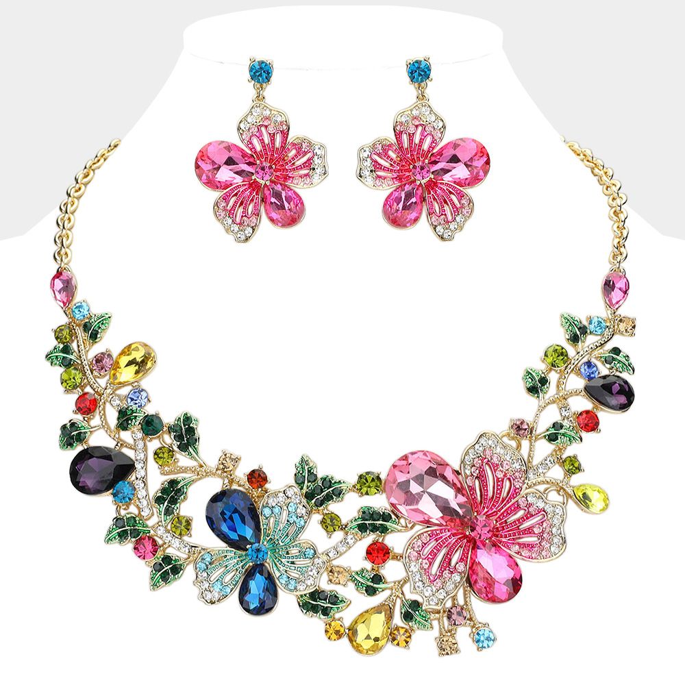 Multi Colored Flower Glass Stone Embellished Evening Necklace Multi Colored Flower Glass Stone Embellished Evening Necklace