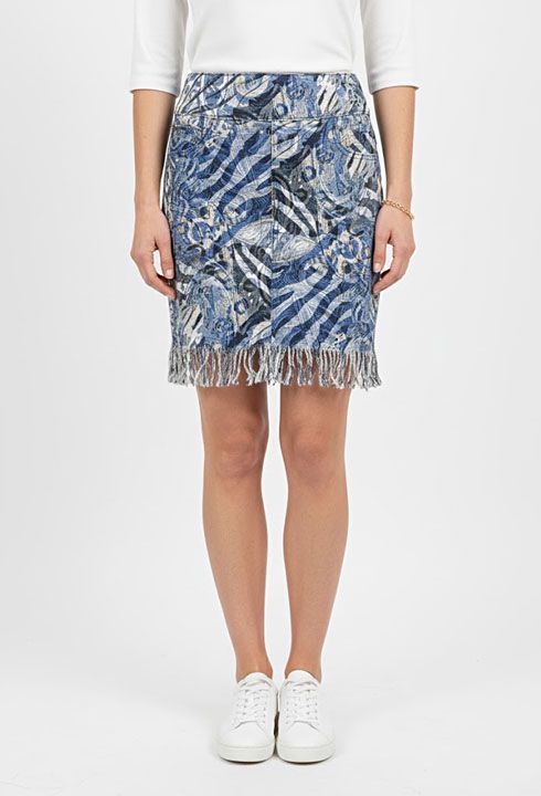 Multi Blue PullOn Fringe Skirt By Ethyl