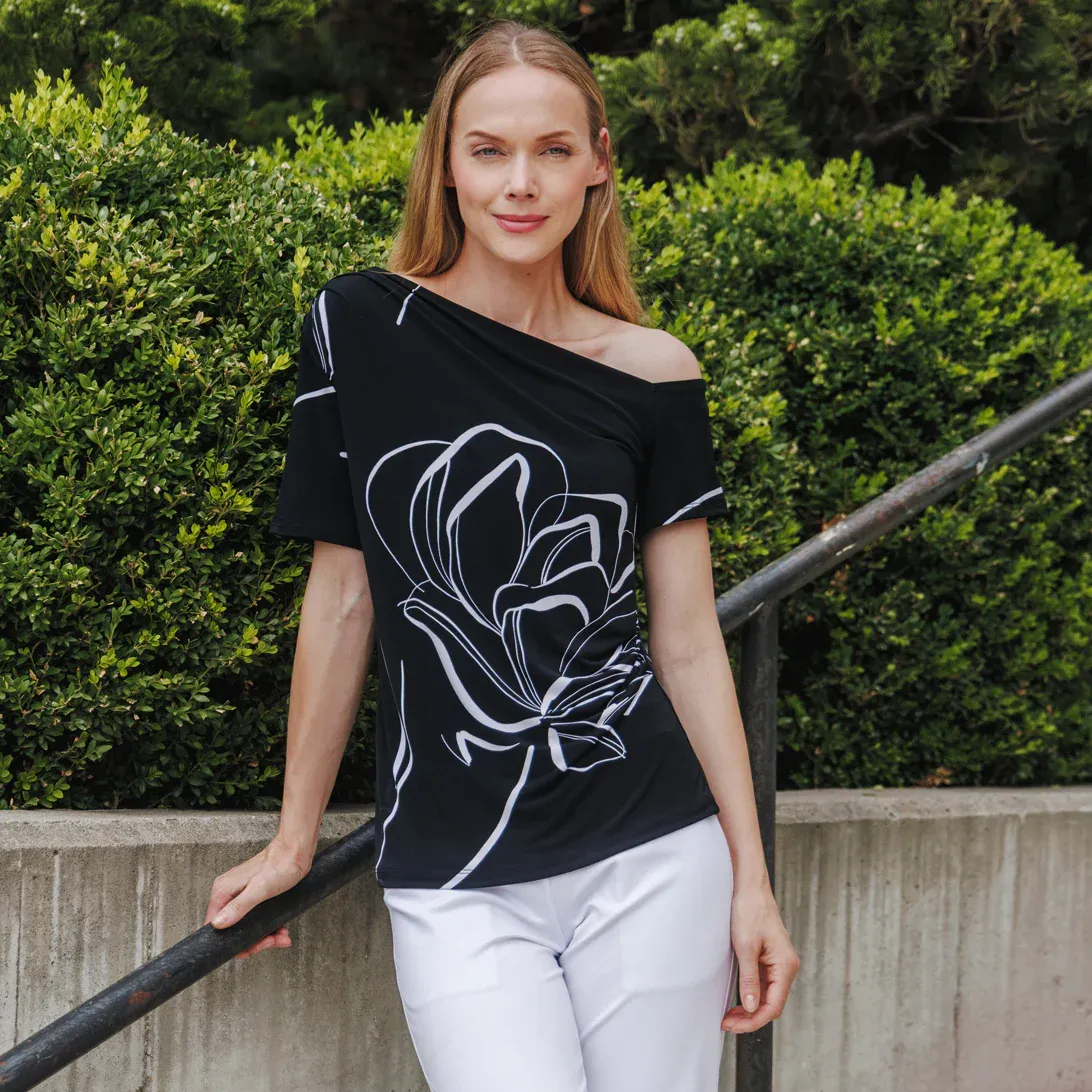 Floral Outline Angular Drape Off Shoulder Top