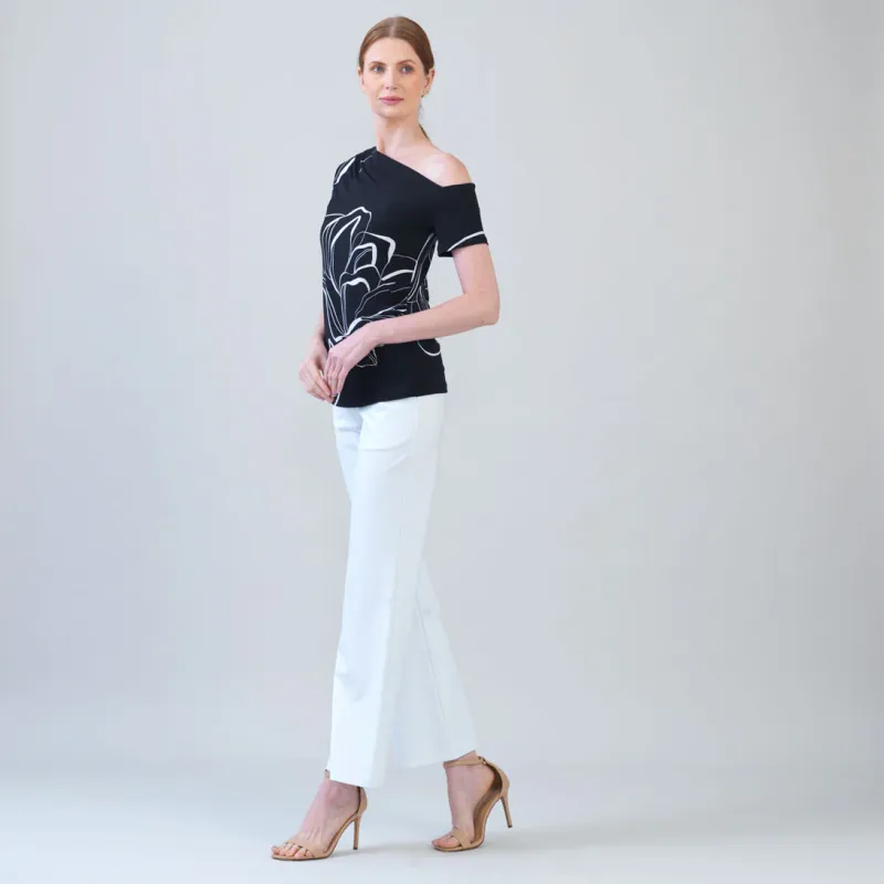 Floral Outline Angular Drape Off Shoulder Top