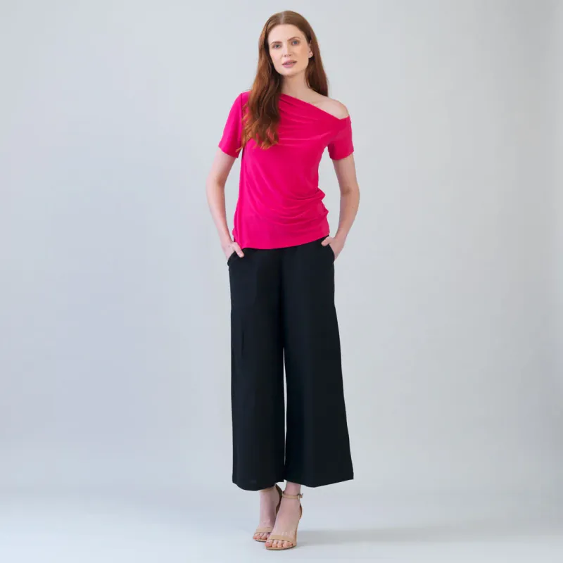 Hot Pink Angular Drape Neck Off Shoulder Top