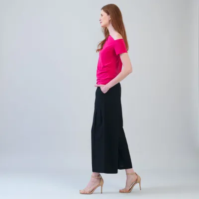 Hot Pink Angular Drape Neck Off Shoulder Top