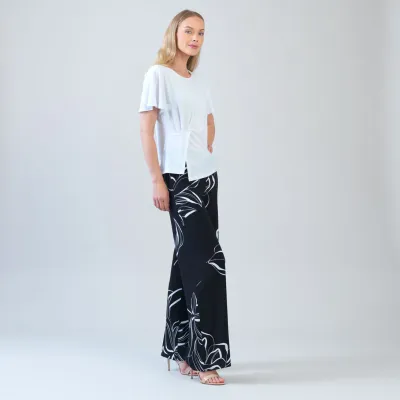 White Flounce Sleeve Stitch Overlay Top