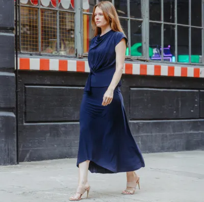 Navy Cascade Drape Hi-Low Maxi Skirt