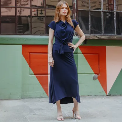 Navy Cascade Drape Hi-Low Maxi Skirt