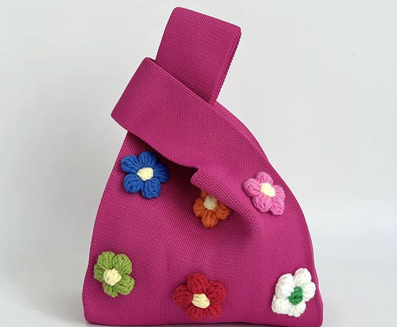 Hot Pink Knit Open Handbag with Crochet Flowers Hot Pink Knit Open Handbag with Crochet Flowers