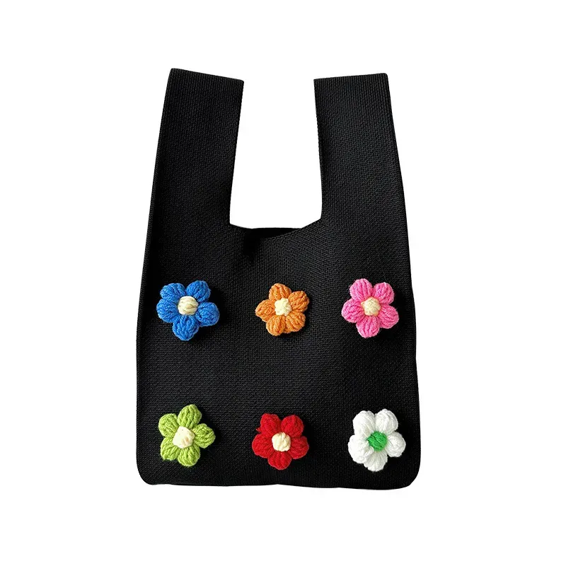 Black Knit Open Handbag with Crochet Flowers Black Knit Open Handbag with Crochet Flowers