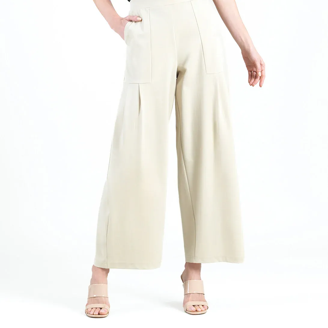 Cream Ponte Knit Pleated Wide Leg Pocket Pant