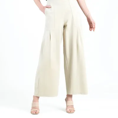 Cream Ponte Knit Pleated Wide Leg Pocket Pant