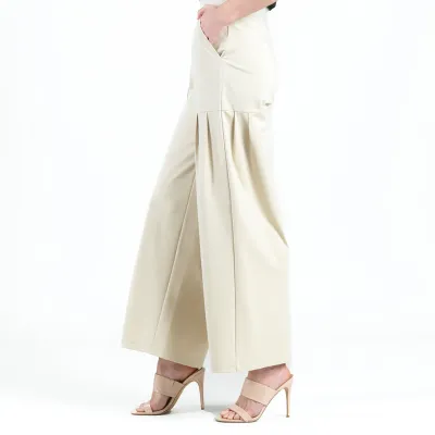 Cream Ponte Knit Pleated Wide Leg Pocket Pant