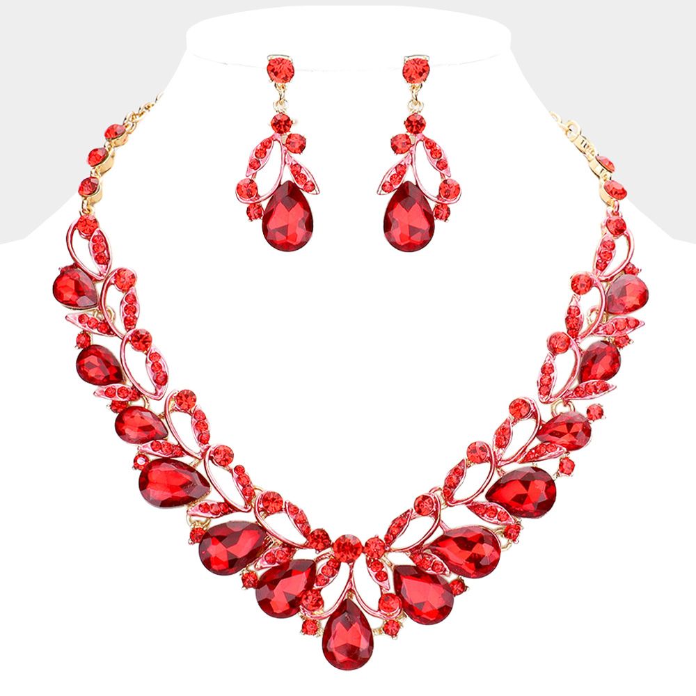 Gold/Red Stone Embellished Leaf Evening Necklace Gold/Red Stone Embellished Leaf Evening Necklace