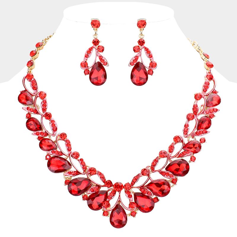 Gold/Red Stone Embellished Leaf Evening Necklace