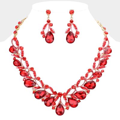 Gold/Red Stone Embellished Leaf Evening Necklace