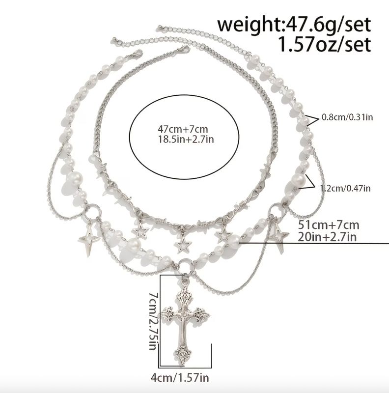 Multi Layered Link/Pearl Chain Cross Statement Necklace